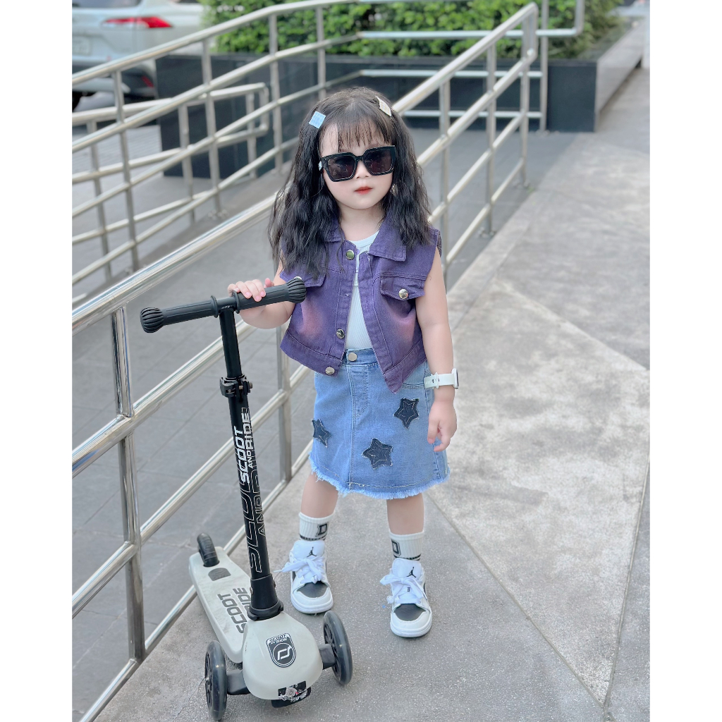 Set jean áo tím mix chân váy ngôi sao cho bé 1 đến 8 tuổi Tiny Winy S116