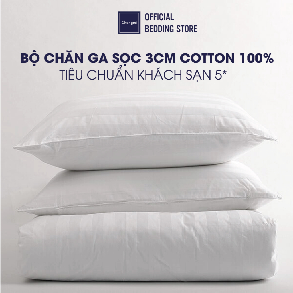 Bộ chăn ga Changmi Bedding trắng sọc 3cm 100% cotton. Tiêu chuẩn khách sạn cao cấp 4 sao và 5 sao - 4 Món