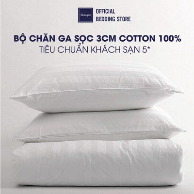 Bộ chăn ga Changmi Bedding trắng sọc 3cm 100% cotton. Tiêu chuẩn khách sạn cao cấp 4 sao và 5 sao - 4 Món
