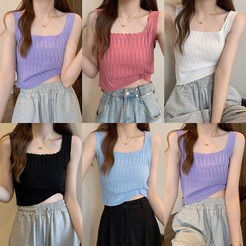 Áo croptop dệt kim không tay màu sắc đơn giản thanh lịch cho nữ
