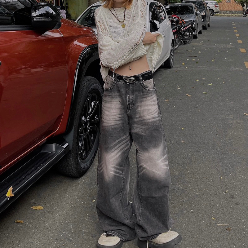 Quần Jean wash trơn màu XÁM ĐEN cực chất, Unisex cho cả nam và nữ, phối rách gấu quần cá tính Cotton