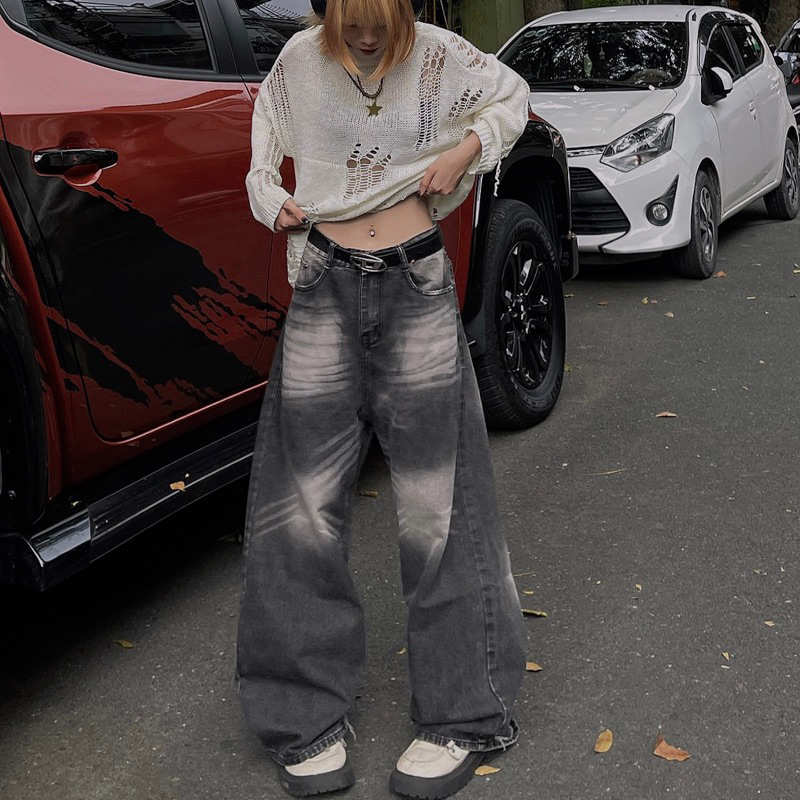 Quần Jean wash trơn màu XÁM ĐEN cực chất, Unisex cho cả nam và nữ, phối rách gấu quần cá tính Cotton