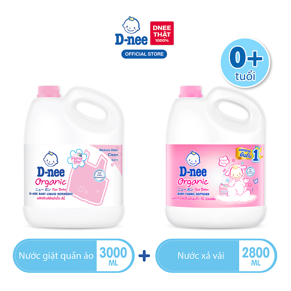 Nước giặt quần áo D-nee 3000 ML - Honey Star + Nước xả vải D-nee 2800 ML. - Happy Baby