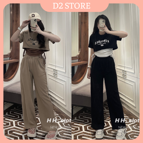 Set Bộ Đồ Nữ Áo Kiểu Nữ Ngắn Tay Rút Dây Eo 2 Lớp Mix Quần Suông Dài Ống Rộng