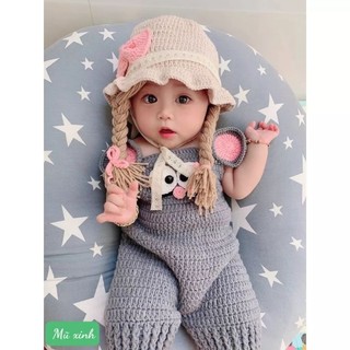 Mũ len nơ hồng dây buộc bằng ren có tóc giả cho bé gái
