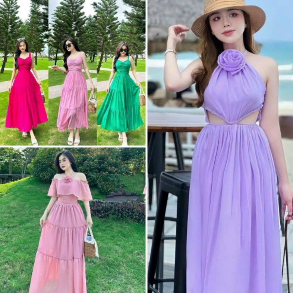 Đầm váy nữ maxi cổ yếm đính bông dáng xòe nhún tầng thanh lịch (có mút ngực), Đầm xòe 2 dây moking thân sau T1139