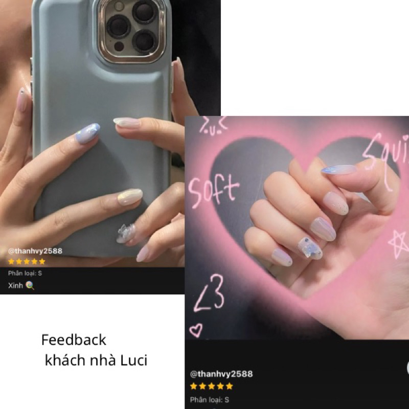 Móng giả thiết kế màu xanh L015 gắn charm hologram luci.nailbox