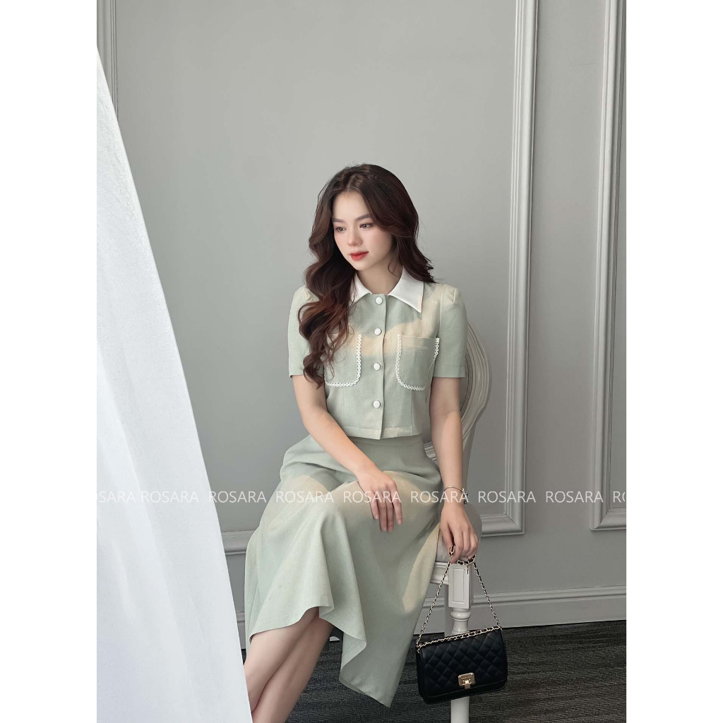 Set Áo Sơ Mi Xanh Cộc Tay Kèm Chân Váy Dài Thời Trang Nữ Rosara SET38