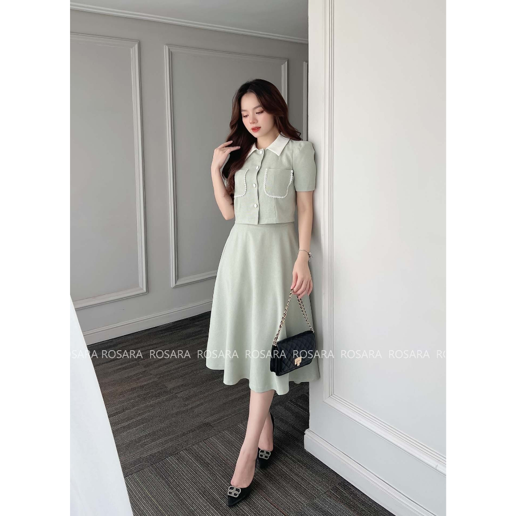 Set Áo Sơ Mi Xanh Cộc Tay Kèm Chân Váy Dài Thời Trang Nữ Rosara SET38