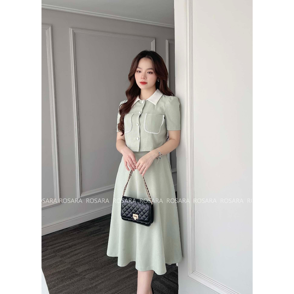 Set Áo Sơ Mi Xanh Cộc Tay Kèm Chân Váy Dài Thời Trang Nữ Rosara SET38