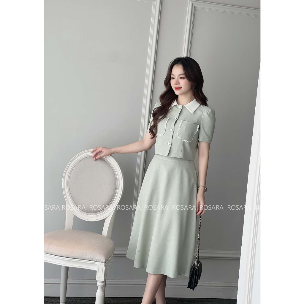 Set Áo Sơ Mi Xanh Cộc Tay Kèm Chân Váy Dài Thời Trang Nữ Rosara SET38