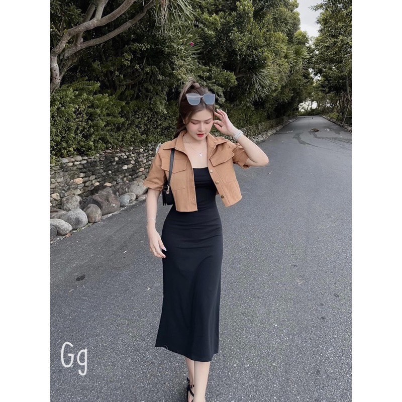 Đầm Body Đen Trơn Kèm Áo Khoác Kaki Siêu Hot MK60