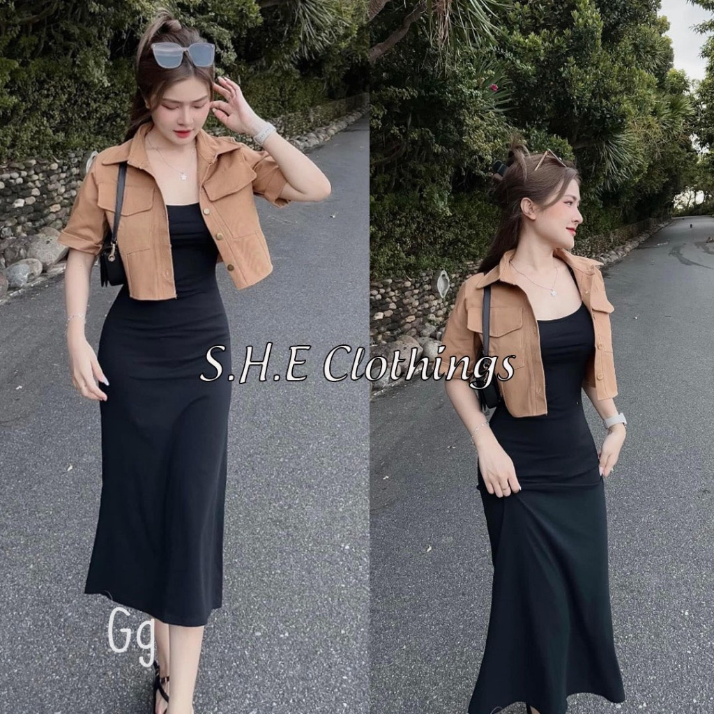 Đầm Body Đen Trơn Kèm Áo Khoác Kaki Siêu Hot MK60