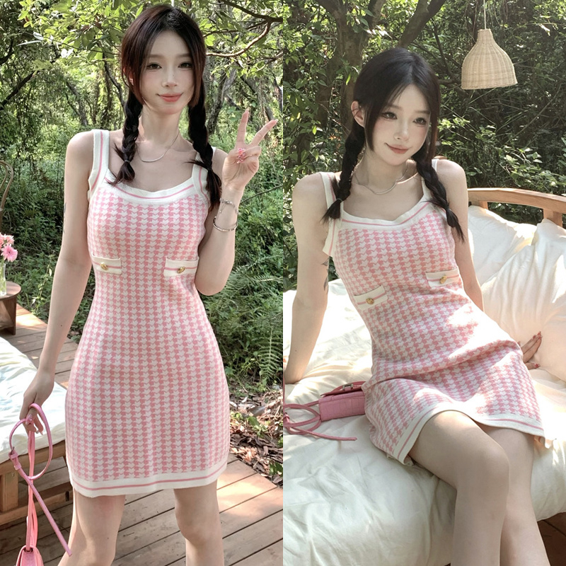 Swe sexy Sling Mini ăn mặc Houndstooth dây đeo dệt kim mỏng phụ nữ quấn Dresses drn