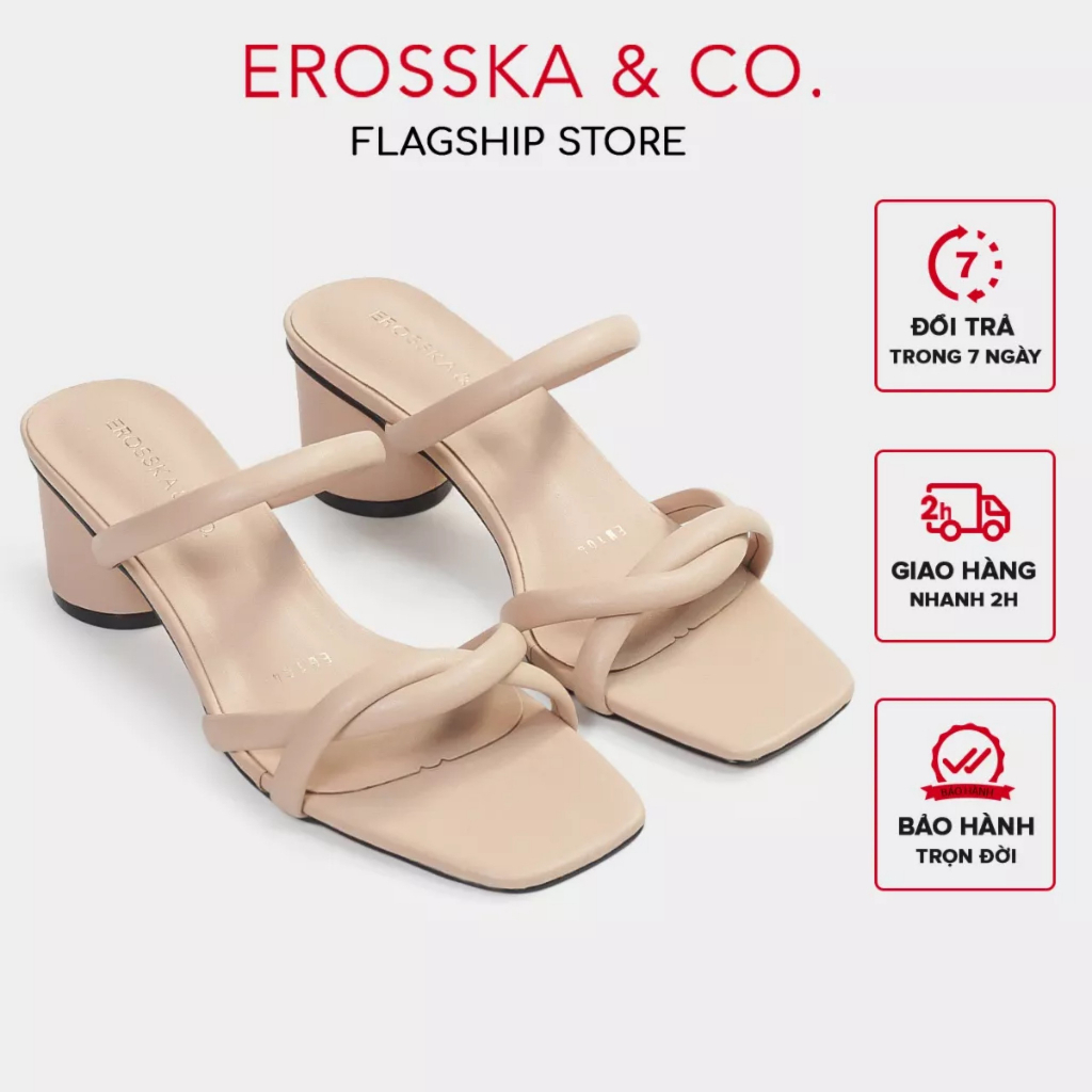 Erosska - Dép cao gót thời trang quai dây mảnh đan xoắn cao 6cm màu kem _ EM104