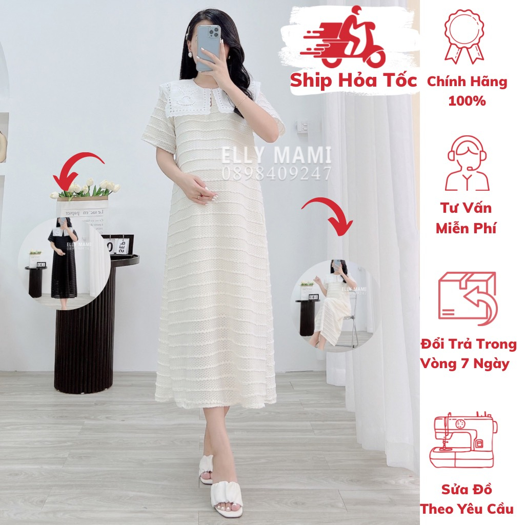 Đầm Bầu , Suông Voan Ren 2 Lớp , Cổ Ren Vuông , Form Dễ Mặc , Mặc Thoải Mái Suốt Thai Kì & Sau Sinh