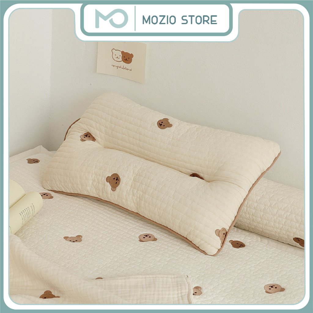 Gối mỏng cho bé ChezBebe nội địa Hàn Quốc, thêu hình Gấu chất liệu cực kỳ mềm mại, thoáng mát | Gối Hàn Quốc cho bé