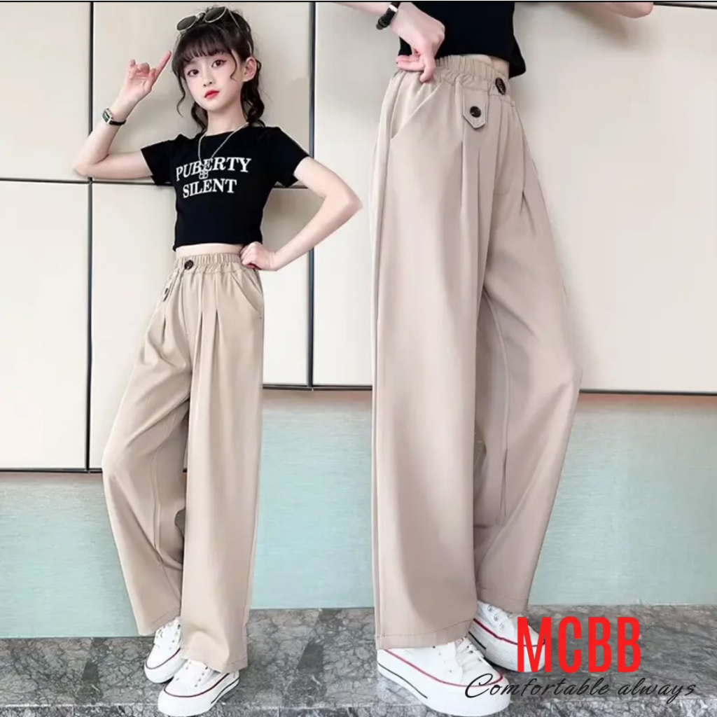 MCBB - 24-49 Kg Quần Ống Rộng Bé Gái Lưng Cao Quần Dài Cho Bé Gái Quần Suông Cho Bé Gái Tây Đen Trắng Quần Bé Gái Trẻ Em
