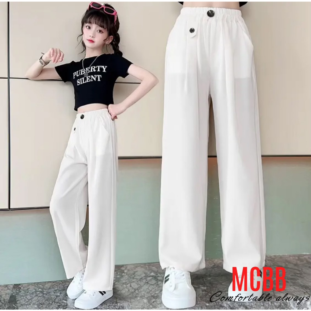 MCBB - 24-49 Kg Quần Ống Rộng Bé Gái Lưng Cao Quần Dài Cho Bé Gái Quần Suông Cho Bé Gái Tây Đen Trắng Quần Bé Gái Trẻ Em