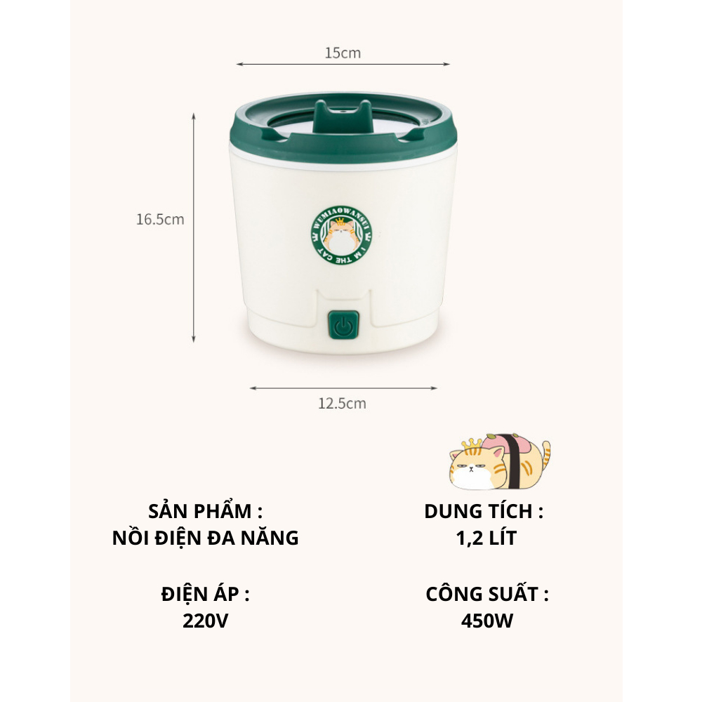 Nồi lẩu điện đa năng 1,2 lít ca nấu mì mini cho 1 người lòng nồi trắng chống dính