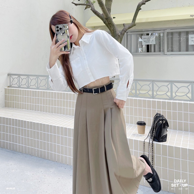 Áo sơ mi croptop trơn dài tay có size Nie Croptop Shirt chất thô mát đanh dày không lộ