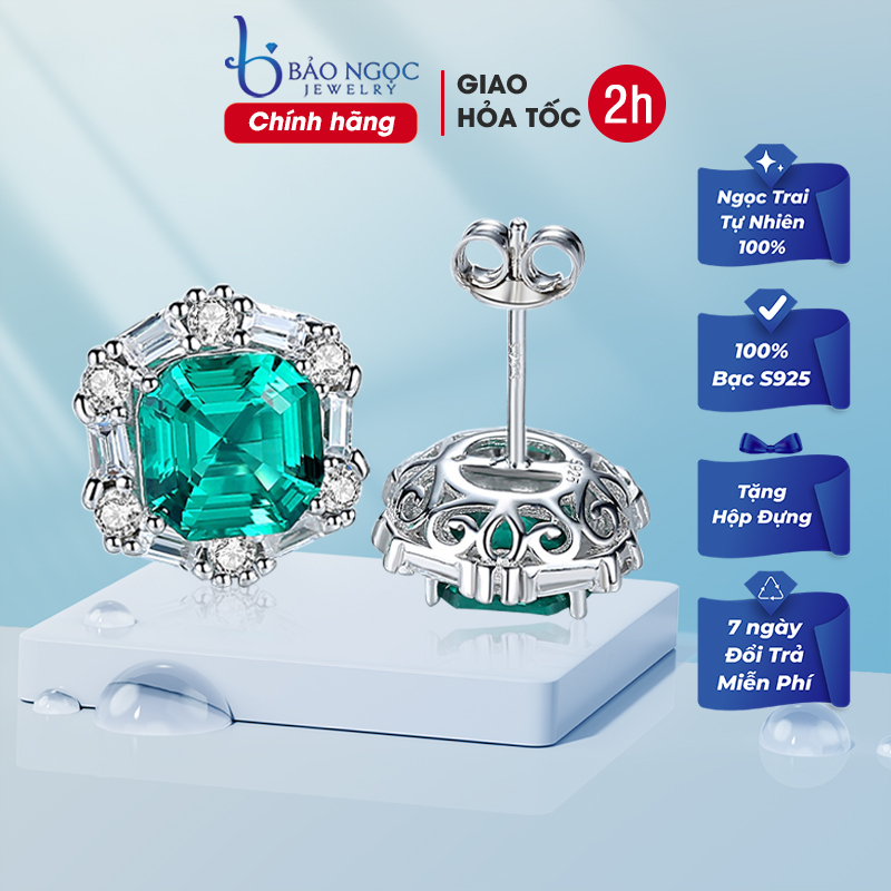 Bông tai bạc nữ 925 xi bạch kim đính đá kim cương ngọc lục bảo tổng hợp nhân tạo sang trọng - B2782 - Bảo Ngọc Jewelry