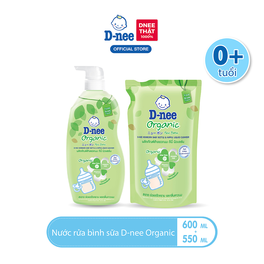 Nước rửa bình sữa D-nee Organic 550 ML (Túi) + Nước rửa bình sữa D-nee Organic 600 ML (Chai)