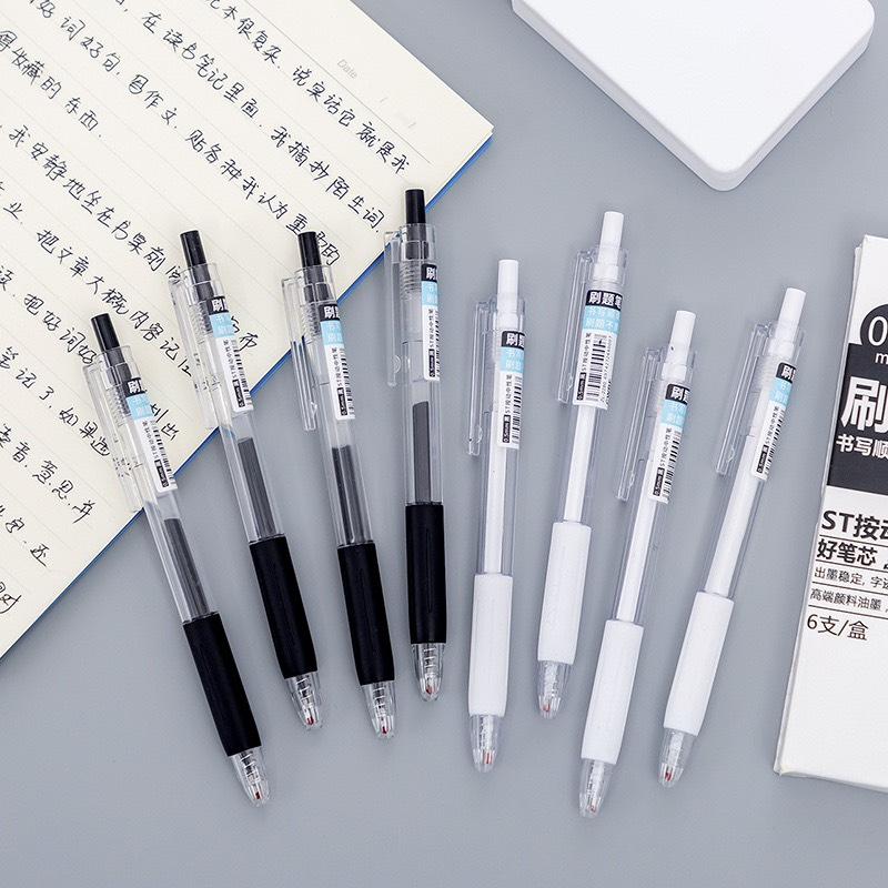Set 6 Bút Bi Mực Đen Ngòi 0.5mm Có Thể Thu Gọn, Mực Đen Trong Suốt - BM14