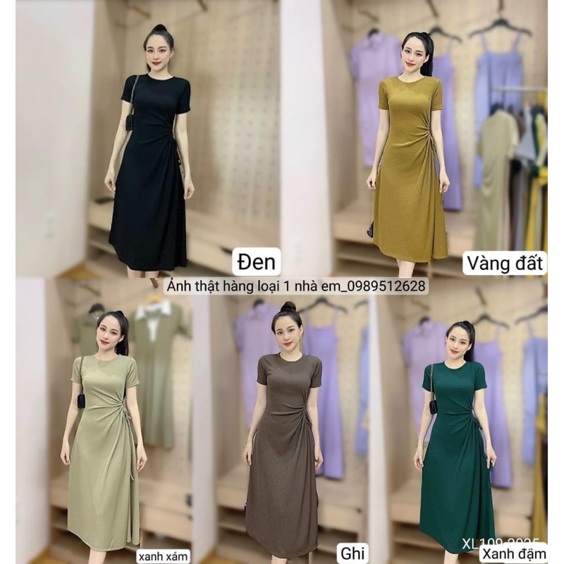 Đầm body tay ngắn rút dây eo dáng xoè dài  co giãn bigsize