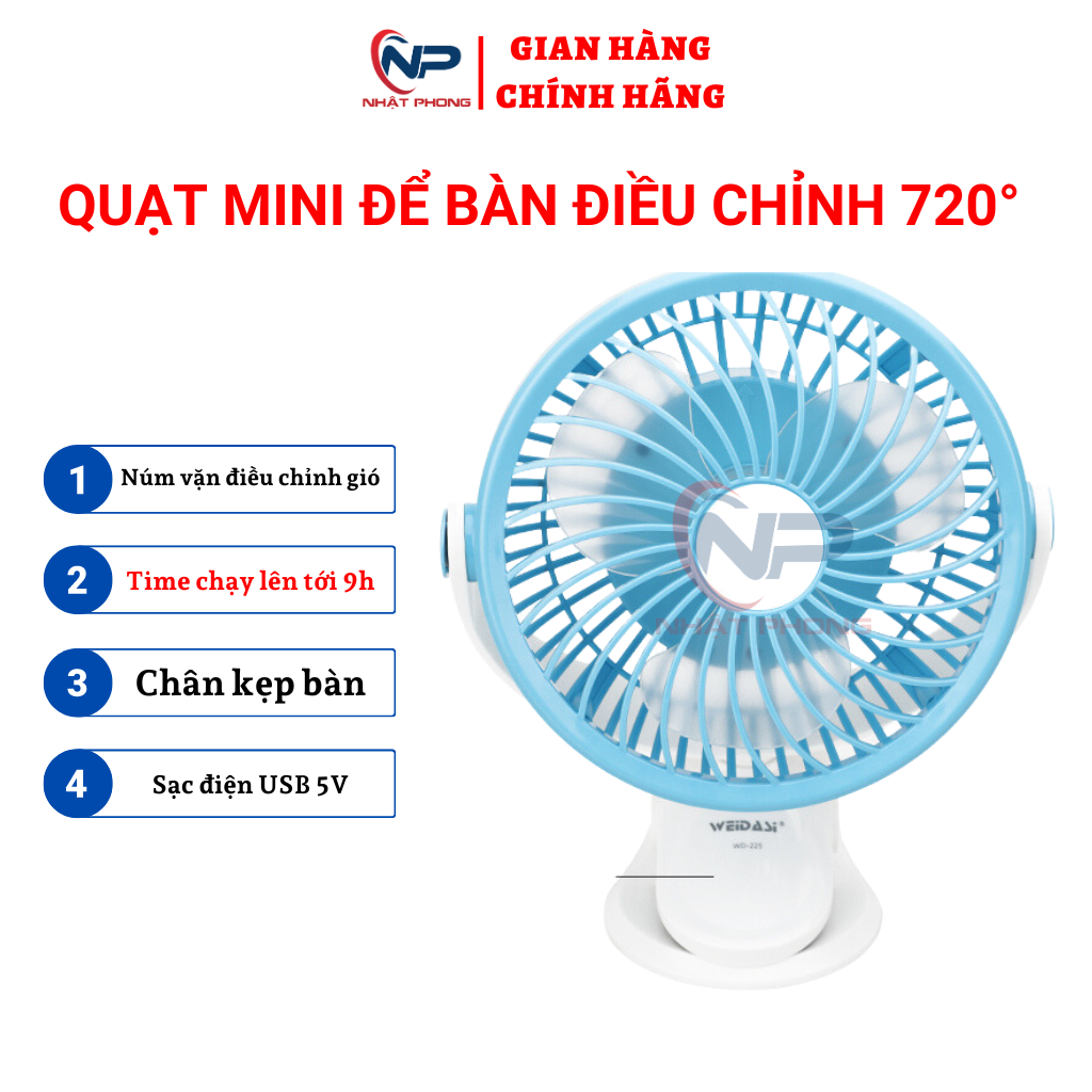 Quạt Mini Kẹp Bàn Sạc Tích Điện NP-K02, 3 chế độ gió thích hợp cho dân Văn Phòng, Xoay 720 độ, Kẹp c