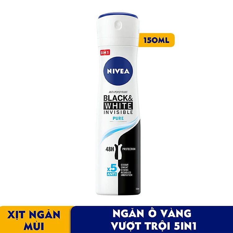 Bộ Đôi Xịt Ngăn Mùi Cho Nữ NIVEA Black and White Ngăn Vệt Ố Vàng Vượt Trội 5in1 +Lăn Ngăn Mùi NIVEA Black and Whi