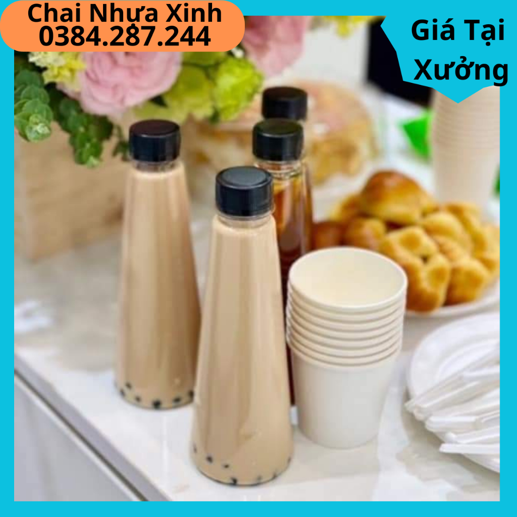 chai tam giác 330ml  đựng trà sữa chai chất  nhựa đẹp kèm nắp nhựa nắp nhôm