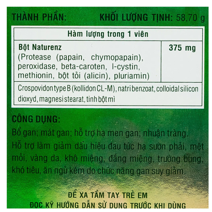 Naturenz, viên uống giải độc gan, tăng cường chức năng gan, hạ men gan, hết dị ứng mề đay, hộp 100 viên