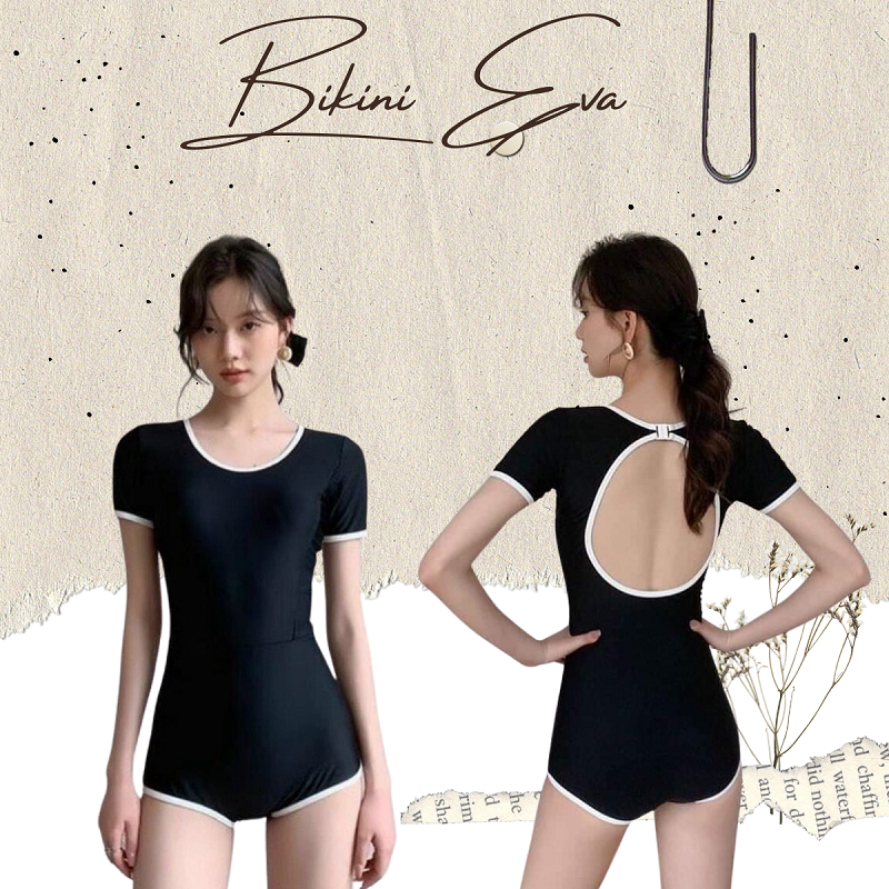 Bikini đồ bơi đi biển nữ liền thân đen tay lửng viền trắng khoét lưng EVA LTTLVT