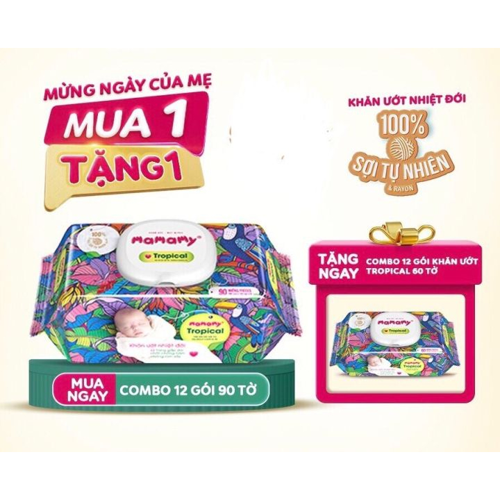 Khăn ướt Mamamy Tropical 100% sợi tự nhiên 90 tờ, dautayshop.vn