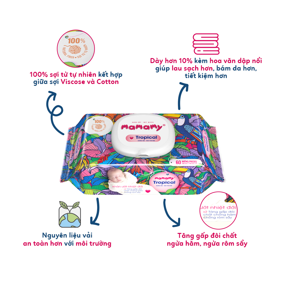 Khăn ướt Mamamy Tropical 100% sợi tự nhiên 90 tờ, dautayshop.vn