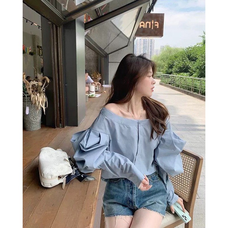 Áo Sơ Mi Trần Vai Tay Bồng Quảng Châu, Freesize Dưới 60kg, Hàng Loại 1, Mix Đồ Siêu Cute