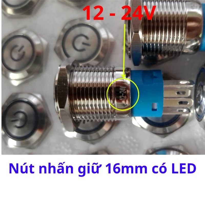 Nút nguồn, nút nhấn giữ, tự khóa 16mm, Đèn sáng trong dải 5-24V