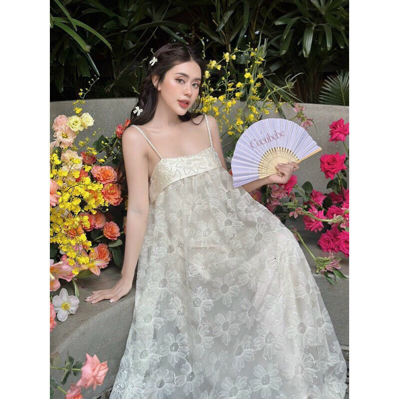 ĐẦM HAI DÂY REN HOA HÀNG THIẾT KẾ CAO CẤP