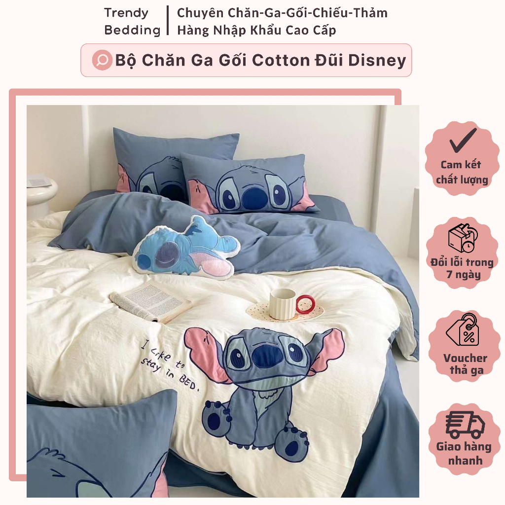 Bộ Chăn Ga Gối Disney Cotton Đũi Thêu Stitch 5 món hoạt hình dễ thương cực xinh cho bé TrendyBedding
