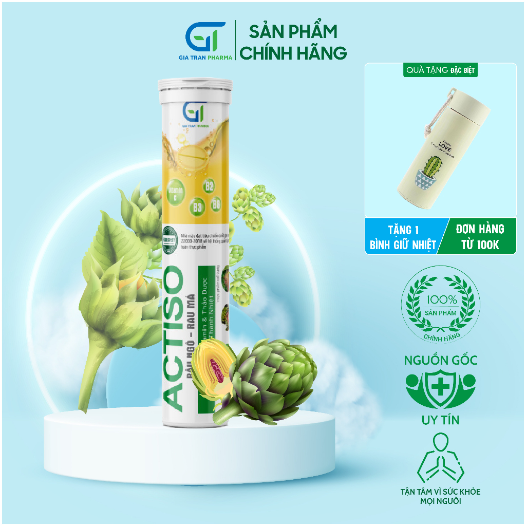 Viên Sủi Mát Gan Pluzssz ACTISO - Tinh Chất Atiso, Râu Ngô, Rau Má, Vitamin, Giải Độc Gan (Tuýp 20 viên)