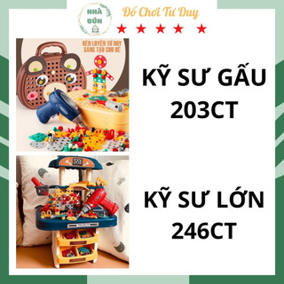 Bộ đồ chơi lắp ráp kĩ sư gấu 203 chi tiết, lắp ráp kĩ sư lớn 246 chi tiết có khoan điện chạy pin,