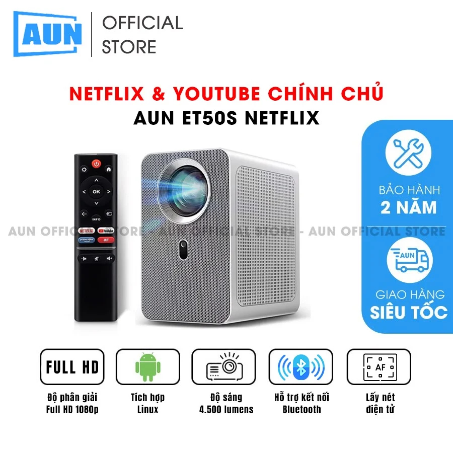 Netflix chính chủ-Máy chiếu mini Fullhd AUN ET50s Netflix 2023 nâng cấp của F90w/Netflix chính chủ/Dolby audio