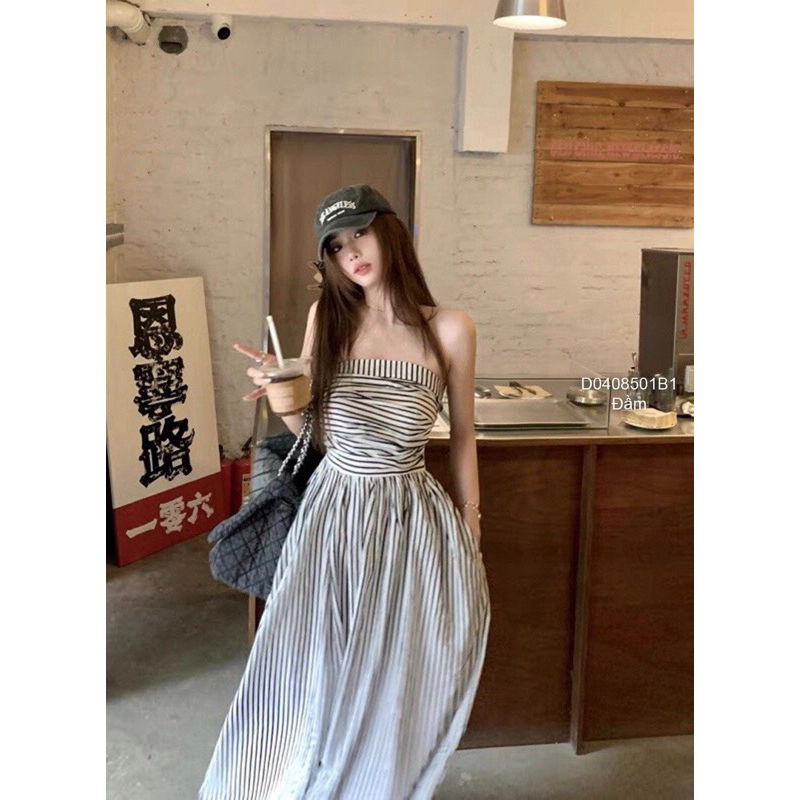 Đầm xoè 2 dây bún dáng dài phối sọc dọc