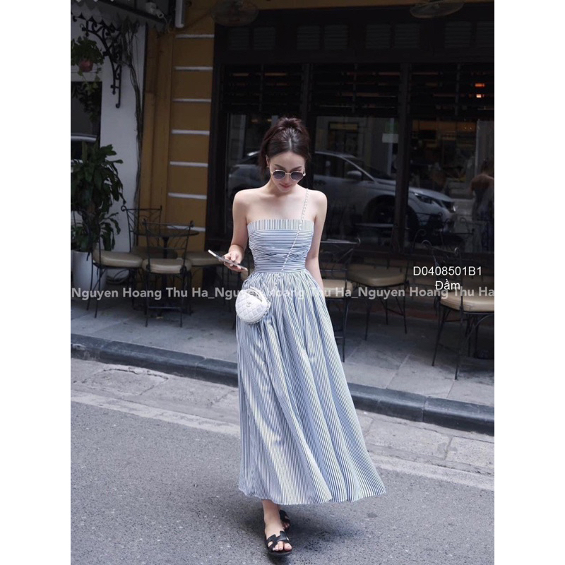 Đầm xoè 2 dây bún dáng dài phối sọc dọc
