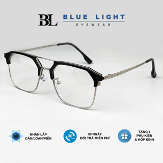 Gọng Kính Cận, Kính Mắt Giả Cận Nam Nữ, Mắt Vuông Góc Cạnh, Cứng Cáp, Chống Ánh Sáng Xanh, Đen Bạc, Full Đen, Trong Suốt