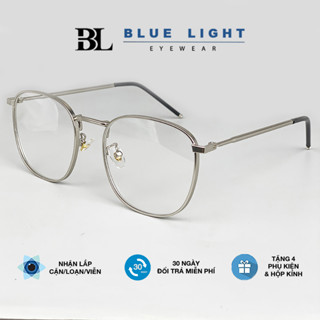 Gọng Kính Cận, Kính Mắt Giả Cận Nam Nữ Vuông To Gọng Kim Loại Dày Dặn Cứng Cáp, Bạc, Vàng - BLUE LIGHT