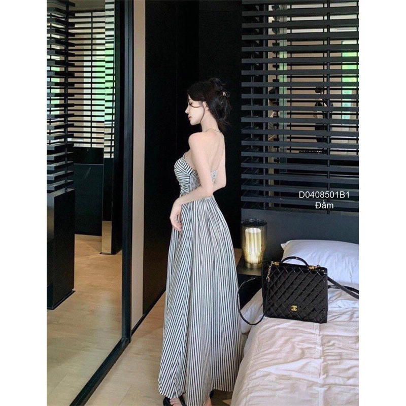Đầm xoè 2 dây bún dáng dài phối sọc dọc