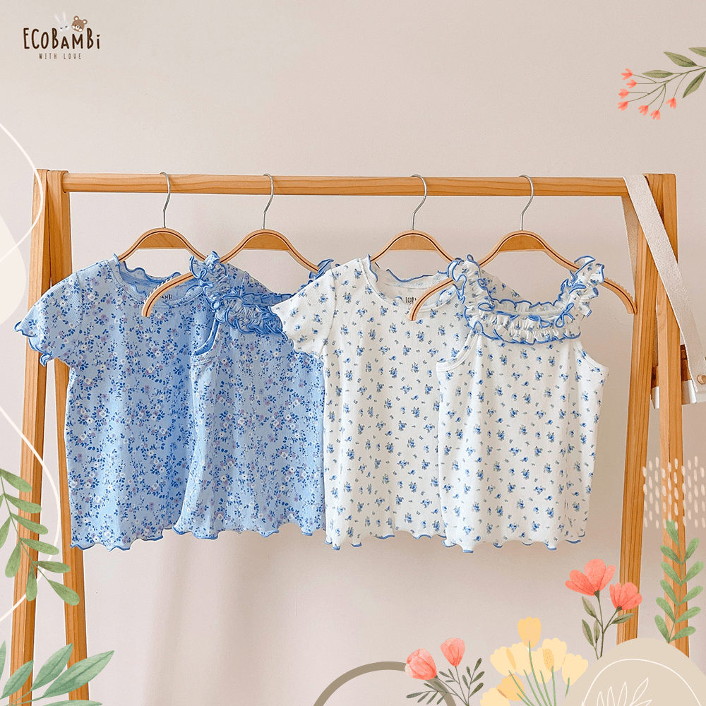 Áo thun tay ngắn, cổ bèo cotton gân Hàn bé gái ECOBAMBI