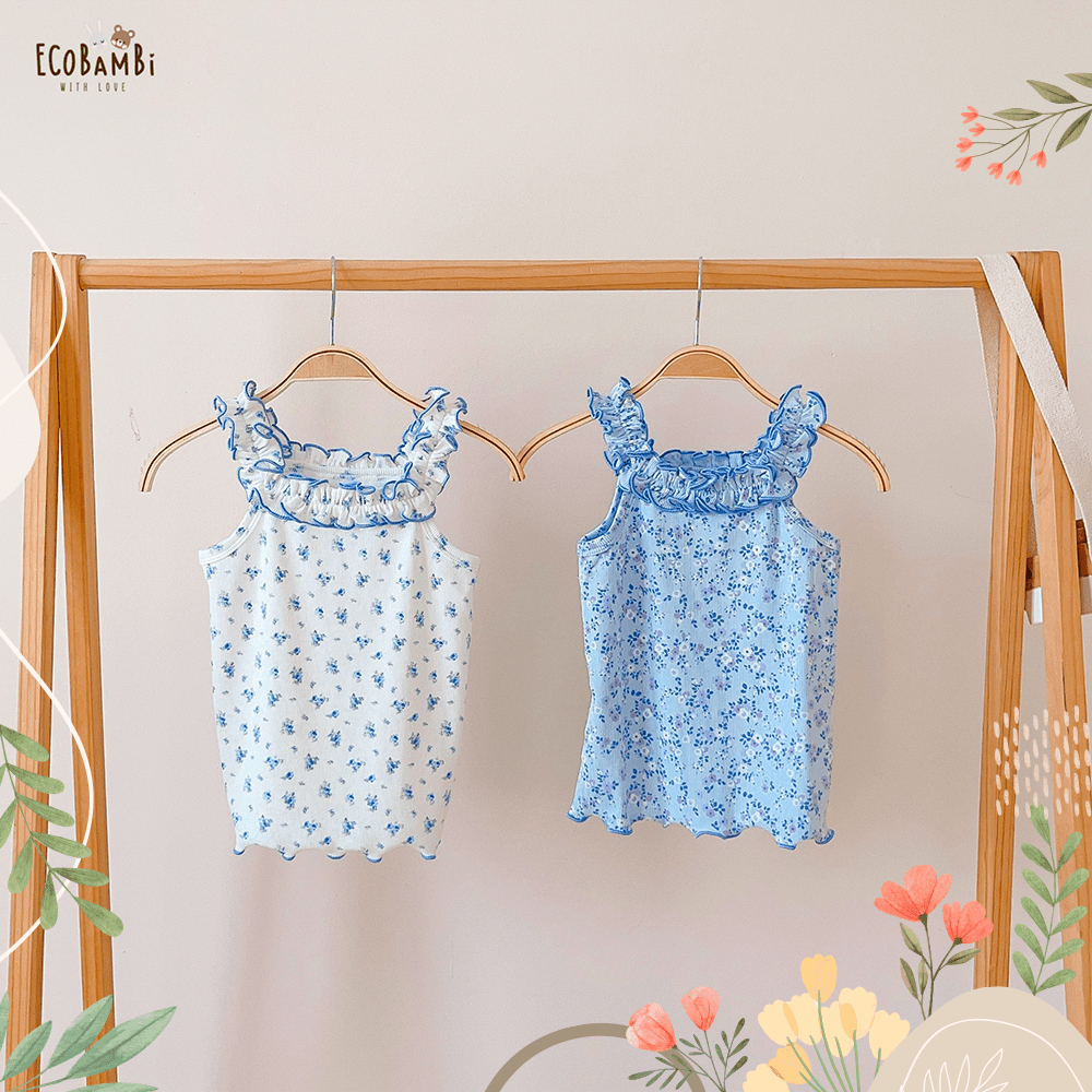 Áo thun tay ngắn, cổ bèo cotton gân Hàn bé gái ECOBAMBI